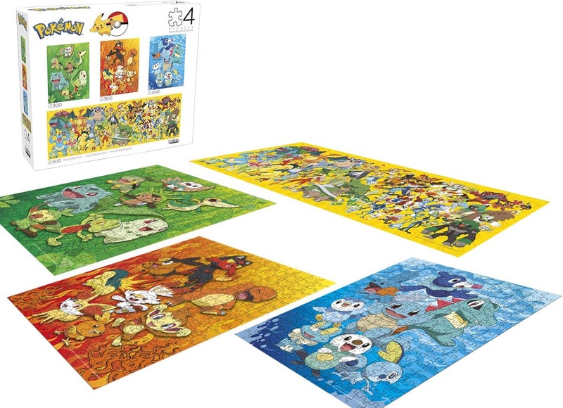 Buffalo Games - PokÃ©mon - 4 x 1 Multipack - 500 Piece Panoramic Jigsaw Puzzle for Adults plus Three 300 Piece Puzzles - First Partner PokÃ©mon Collection - Image 1